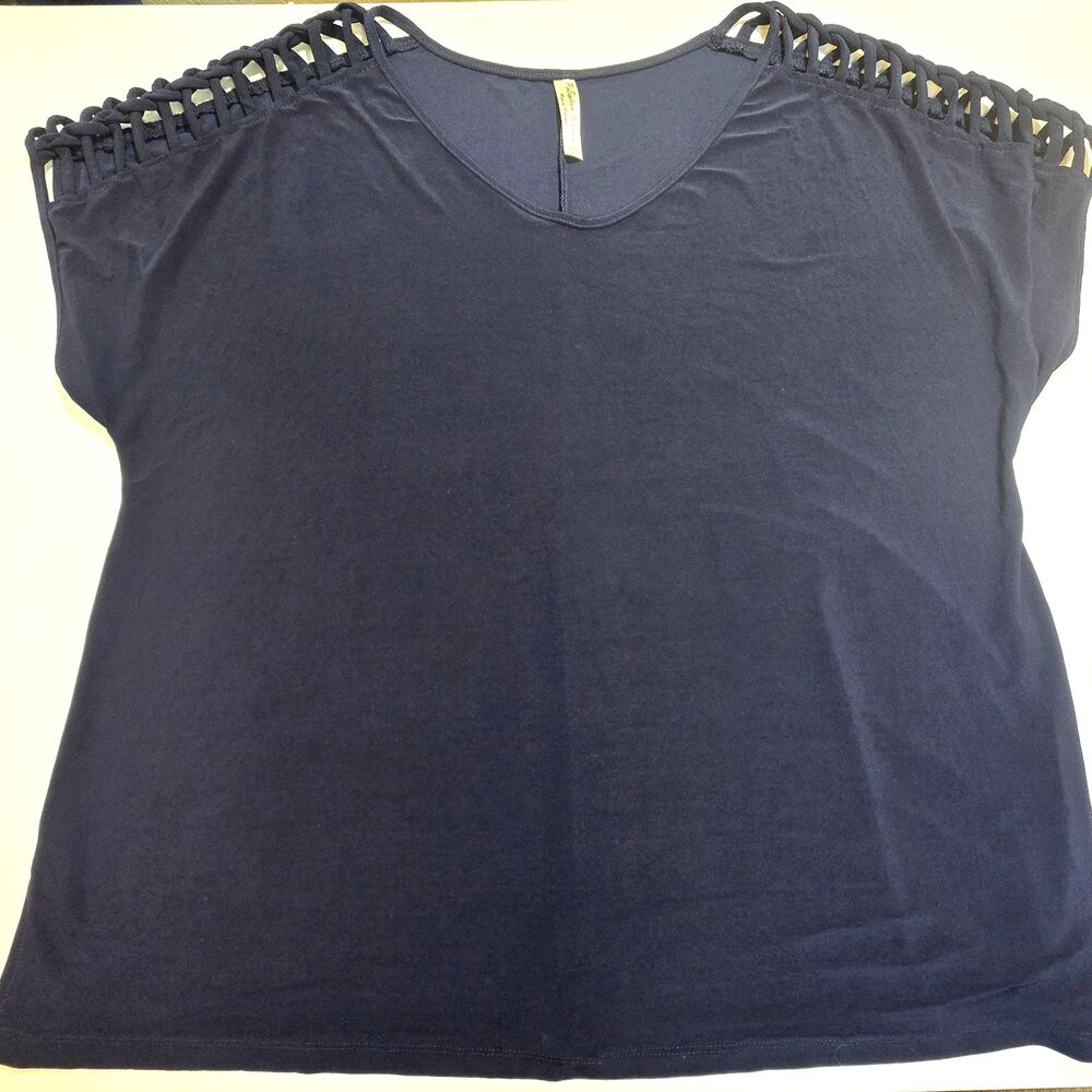 Per Seption Womens  Plus Size 3X Blue Lattice Short Sleeve Top Stretch